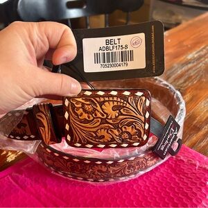 American Darling-tooled leather belt w/ leather buckle SMALL (fits 28-32” Waist)